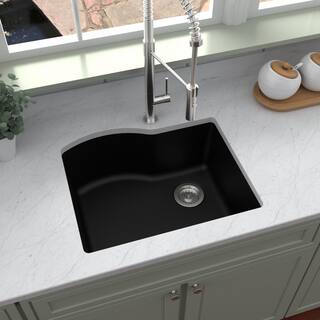 Karran QU-671 QuartzGranite 24 in. Single Bowl Undermount Kitchen Sink in Black with Bottom Grid and Strainer QU-671-BL-PK1