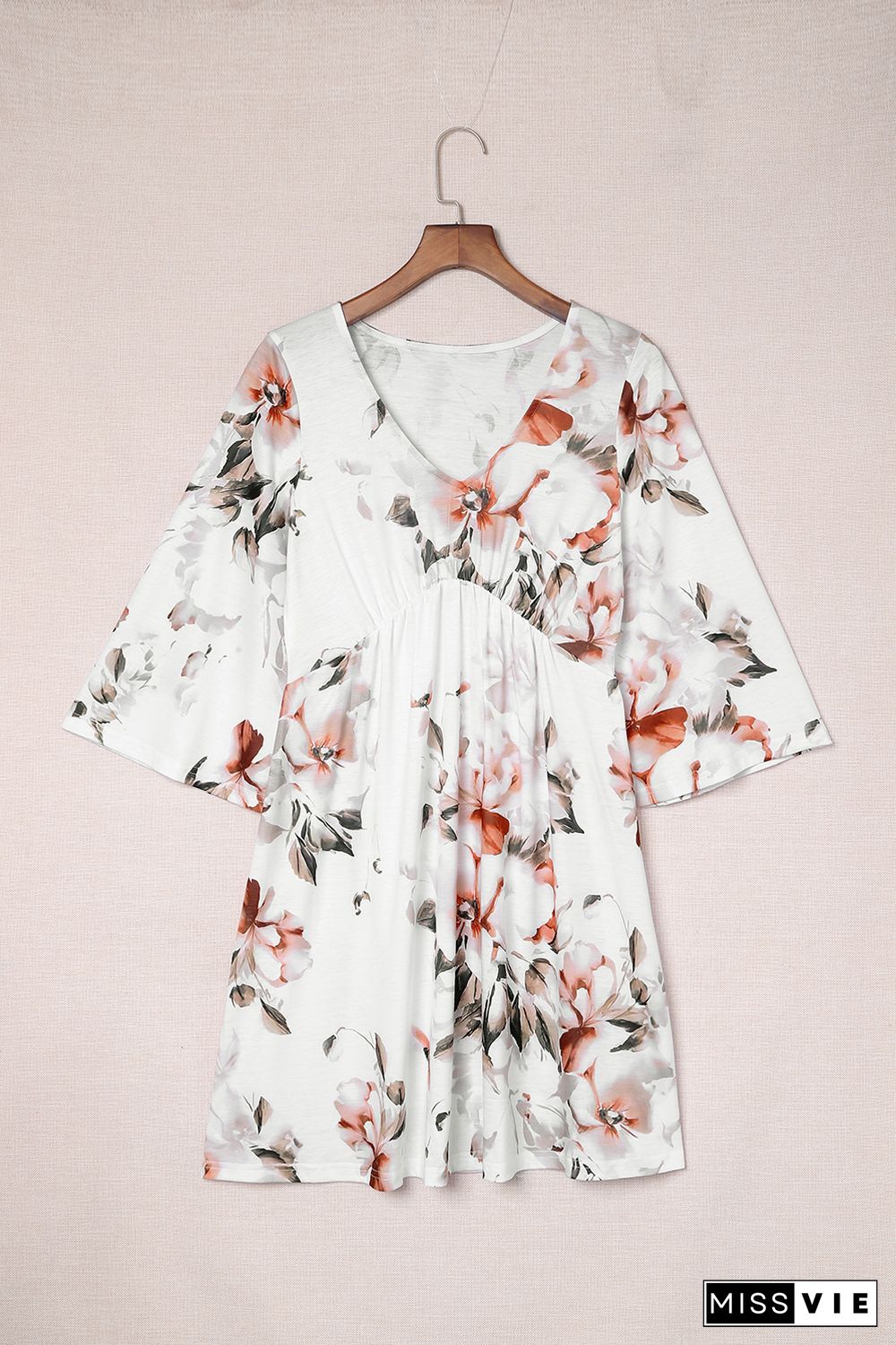 White V Neck 3/4 Sleeve Floral Dress