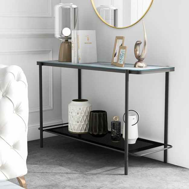 Avalan Glass Top Contemporary Sofa Table Black Coating white Mibasics