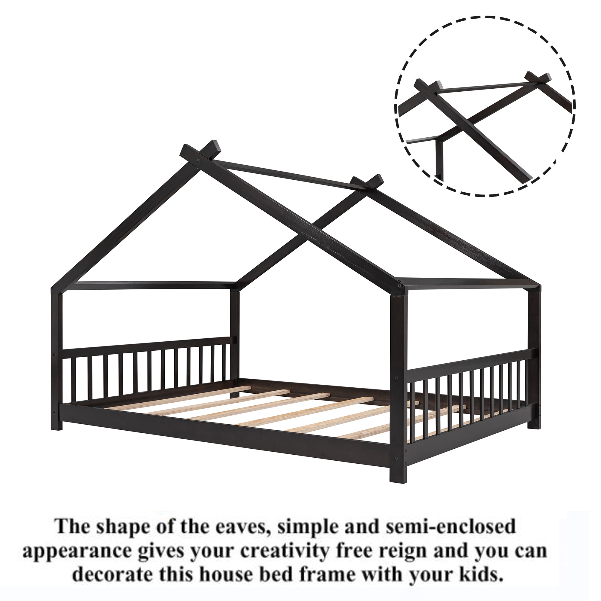 Full Size House Bed, Montessori Style Floor Bed Frame, Wood Kids Fun Playhouse Twin Bed with Headboard and Footboard for Toddlers Girls Boys Teens（Espresso)