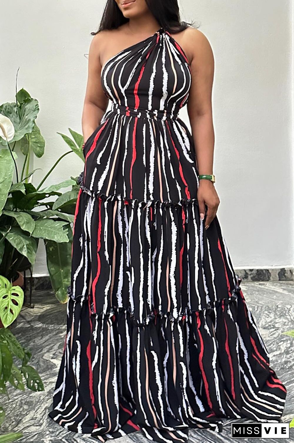 Casual Sweet Daily Elegant Striped Patchwork Printing One Shoulder Asymmetrical Dresses