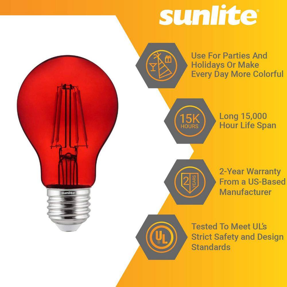 Sunlite 60-Watt Equivalent A19 Dimmable Filament E26 Medium Base LED Light Bulb in Red (2-Pack) HD02271-1