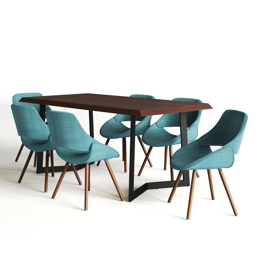 Simpli Home Malden Modern Industrial 7-Piece Dining Set w6 Upholstered Dining Chair in Turquoise Blue Woven Fabric  72 in.W Table AXCDS7MALNTB