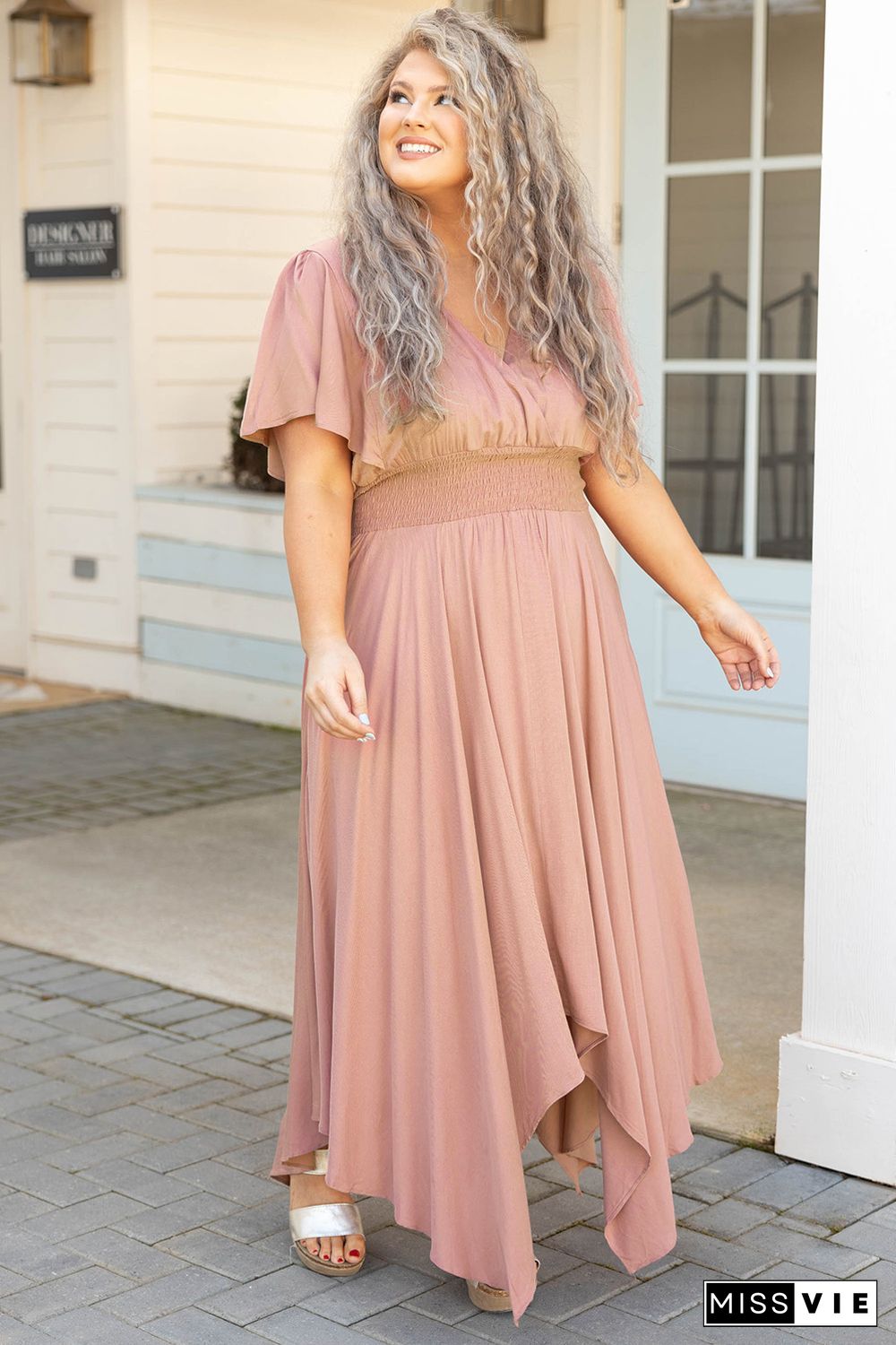 Pink Wrap V Neck Plus Size Handkerchief Dress