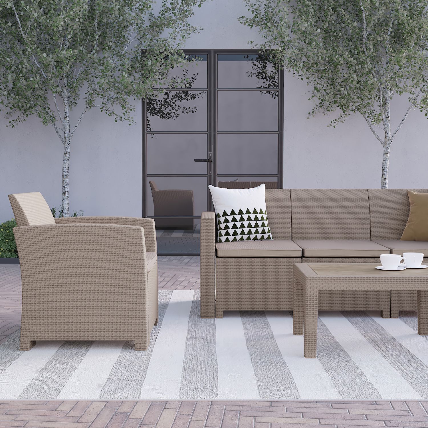 Flash Furniture Outdoor Faux Rattan Chair， Couch， and Coffee Table 4-piece Set