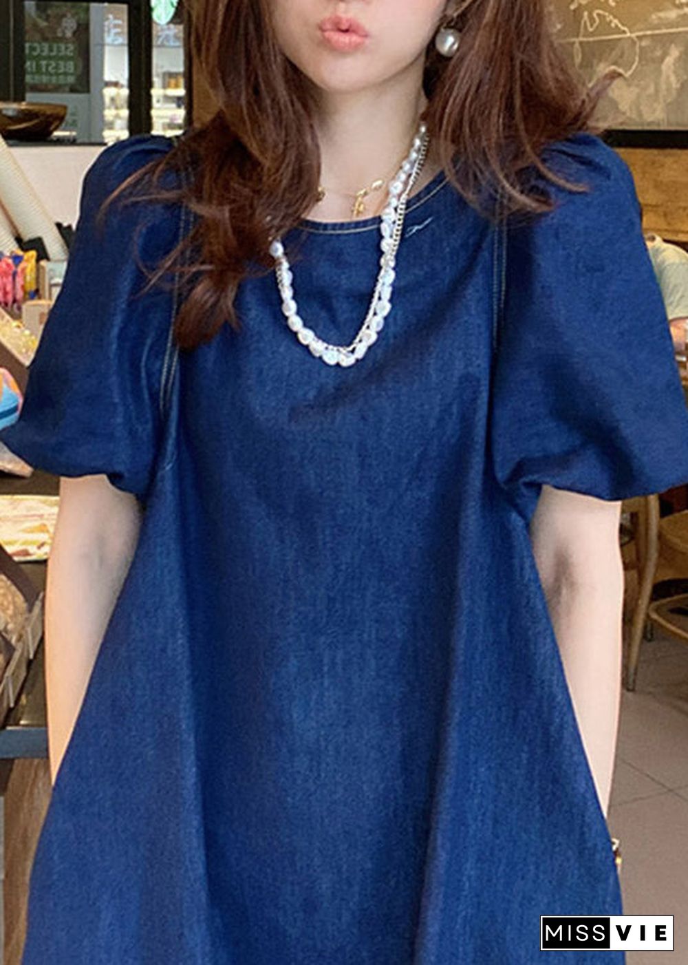 Plus Size Blue O-Neck Patchwork Cozy Mid Denim Dresses Short Sleeve