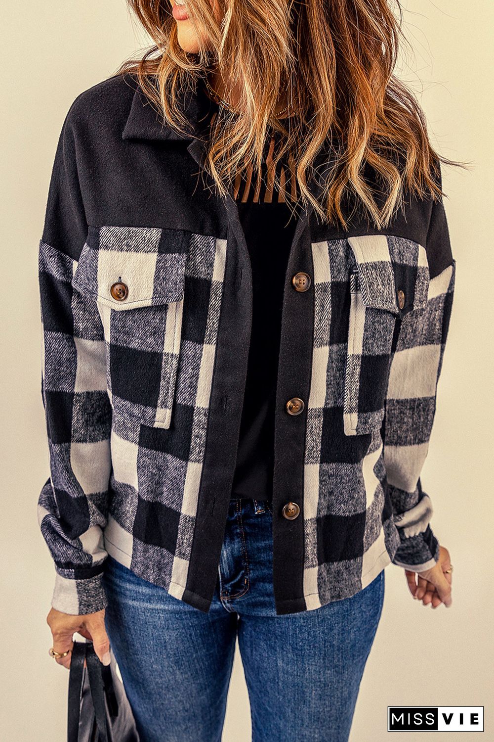 Black Plaid Patchwork Pockets Buttoned Shirt Jacket