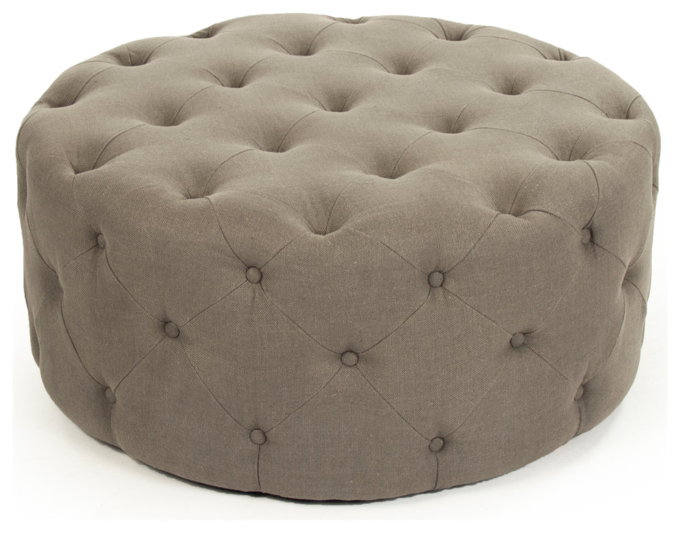 Round Tufted Ottoman  Gray Linen   Transitional   Footstools And Ottomans   by Zentique  Inc.  Houzz