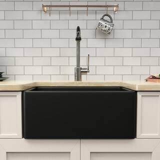 Black Fireclay 24 in. Single Bowl round Corner Farmhouse Apron Kitchen Sink with Bottom Grid and Basket Strainer HKD-241810-B