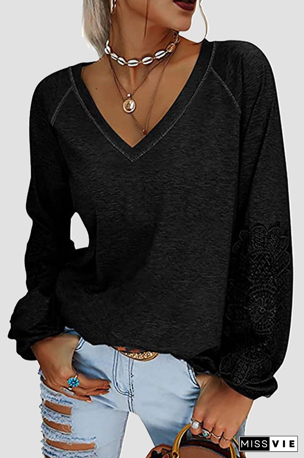 Casual Solid Lace Split Joint V Neck T-Shirts