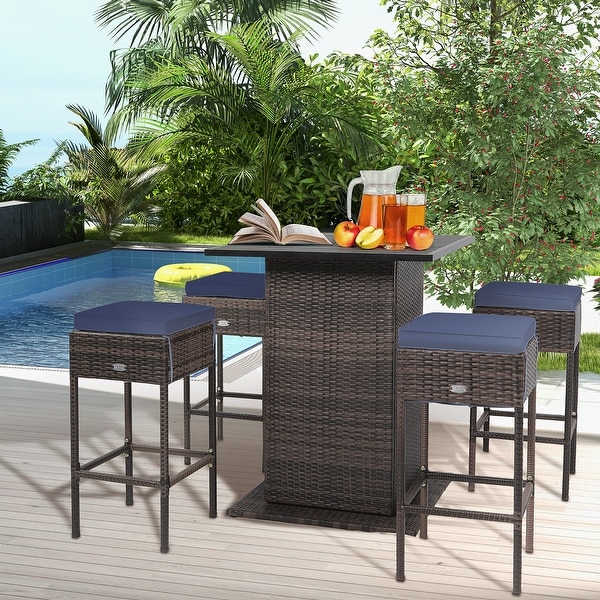 5 PCS Outdoor Rattan Bar Set Patio Bar Furniture with Cushions Stools