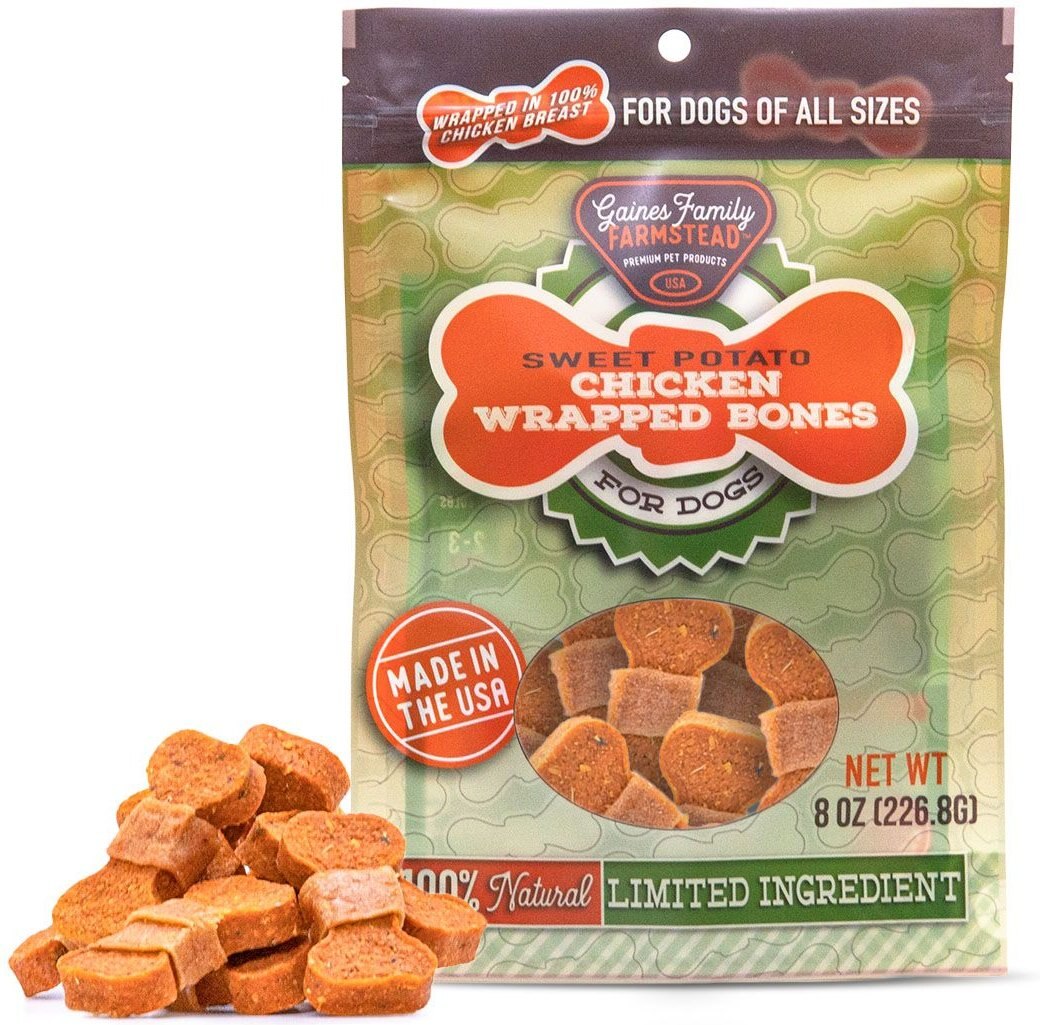 Gaines Family Farmstead Sweet Potato Chicken Wrapped Bones Grain-Free Dog Treats， 8-oz bag