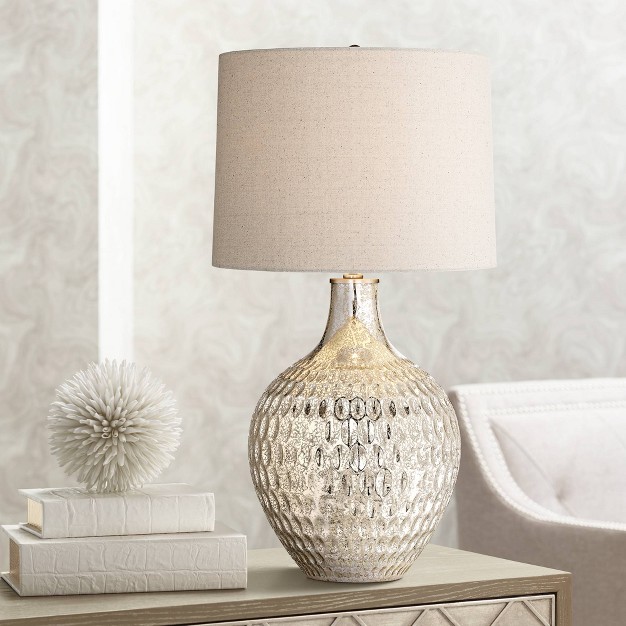 Tall Textured Mercury Glass Off White Tapered Drum Shade For Bedroom Living Room Bedside Nightstand Office