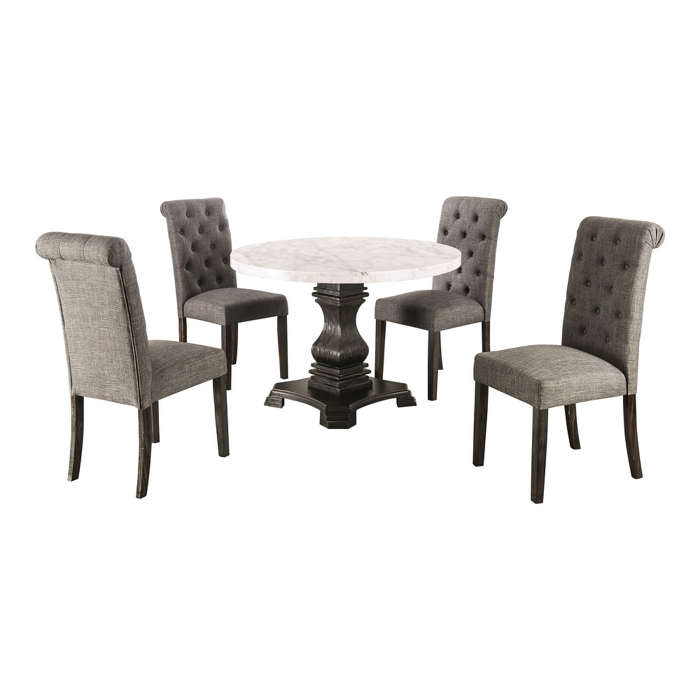 Brec Rustic Marble Top 5 Piece Round Dining Table Set with Tufted Chairs by Furniture of America