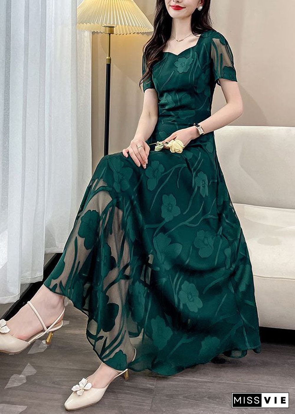 Jacquard Green Square Collar Draping Chiffon Maxi Dresses Summer