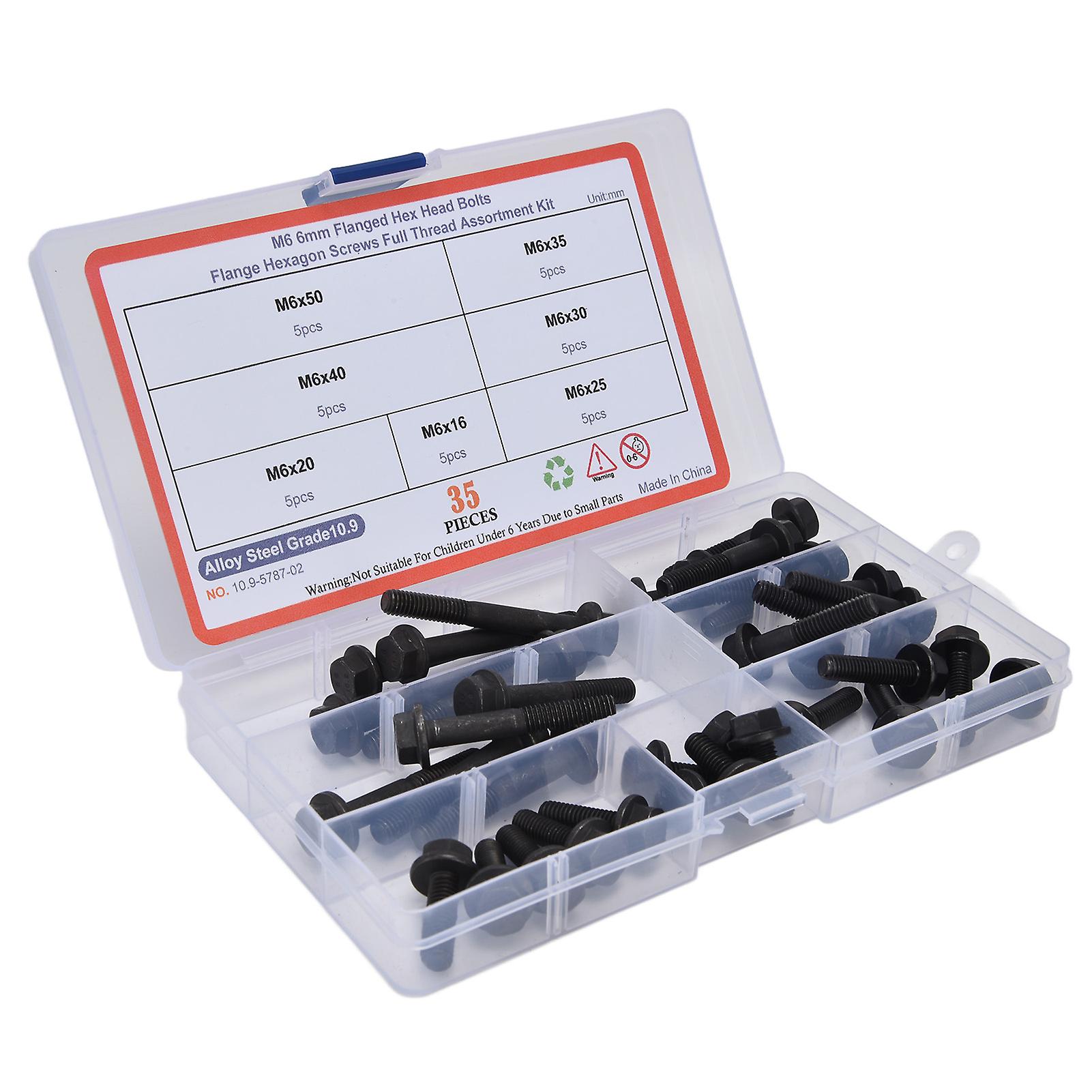 35pcs Flange Bolt M6 10.9 Level Carbon Steel Hex Bolts Assortment Set Kit Black For Connection