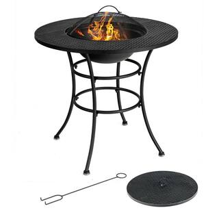 Gymax Black Patio Round Metal Fire Pit Dining Table Charcoal Wood Burning Cooking BBQ Grate GYM09297