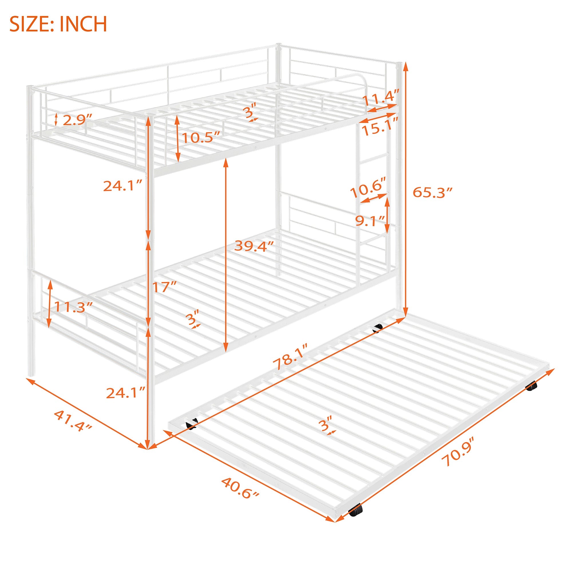 Heavy Duty Bunk Bed Frame, Kids Twin Over Twin Metal Bunk Bed with Flat Ladder & Safety Guardrail, Convertible Trundle Bunk Bed Frame, for Dorm, Bedroom, Guest Room, No Box Spring Needed, White, D8076