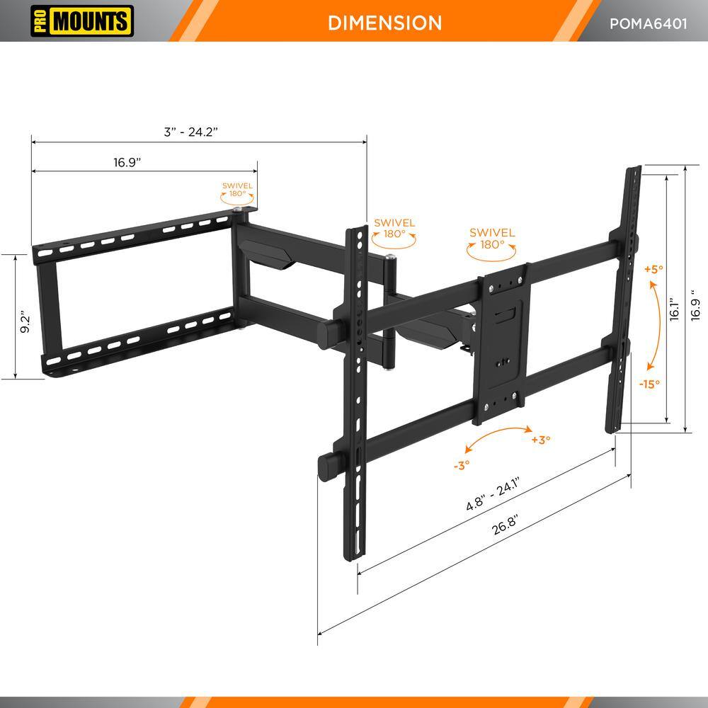 ProMounts Outdoor TV Mount Weatherproof for 32 in. to 75 in. Tvs Full Motion Articulating TV Wall Mount POMA6401