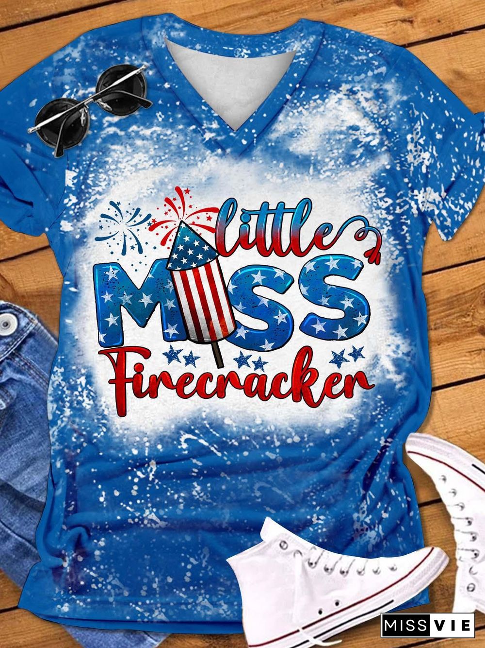 Little Miss Firecracker Print V-Neck T-Shirt