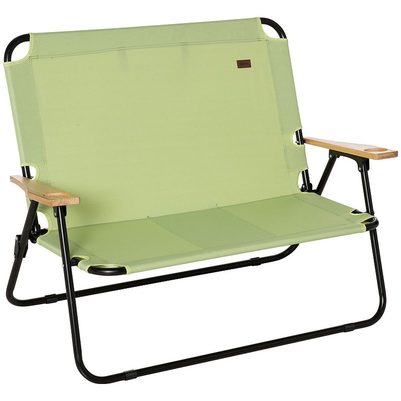 Outsunny Portable Folding Double Camping Chair Cup Holder， Loveseat for 2 Person， Outdoor Chair with Wood Armrest Beach Travel， Green