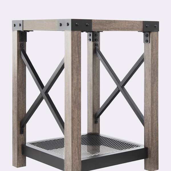 Farmhouse Wood Side Table with Mesh Shelf