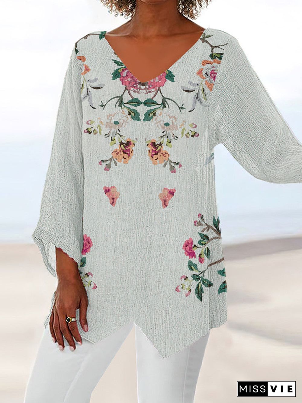 Women Asymmetrical 3/4 Sleeve V-neck Floral Printed Graphic Top Dress