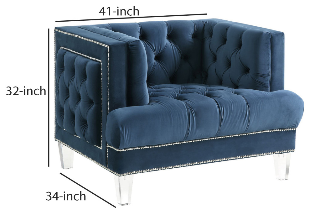 Benzara BM250213 Velvet Upholstered Chair  Tufted Details and Acrylic Legs  Blue   Contemporary   Armchairs And Accent Chairs   by Uber Bazaar  Houzz