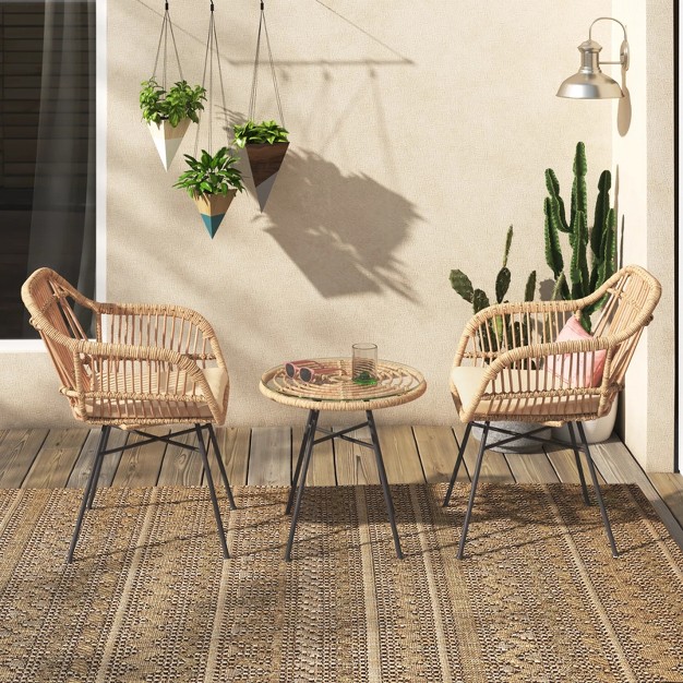 Barton 3 pieces Outdoor Patio Set Chat Conversation Wicker Seat Cushion And Table Beige