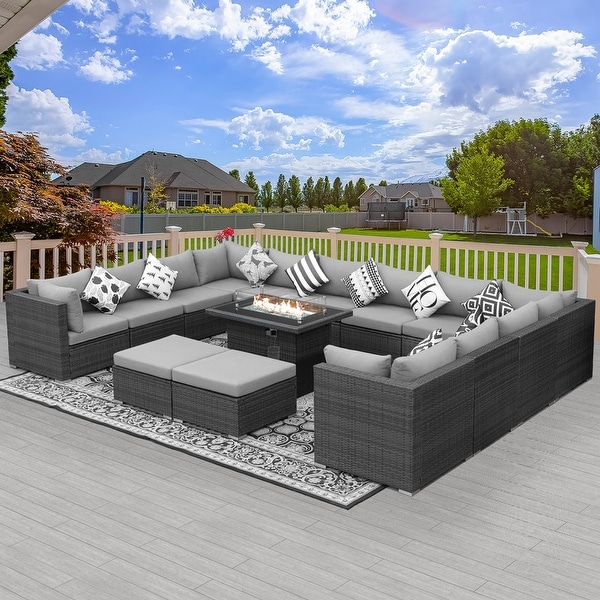 Nicesoul Outdoor Grey Wicker Sectional Furniture Patio Sofa Set with Firepit Table