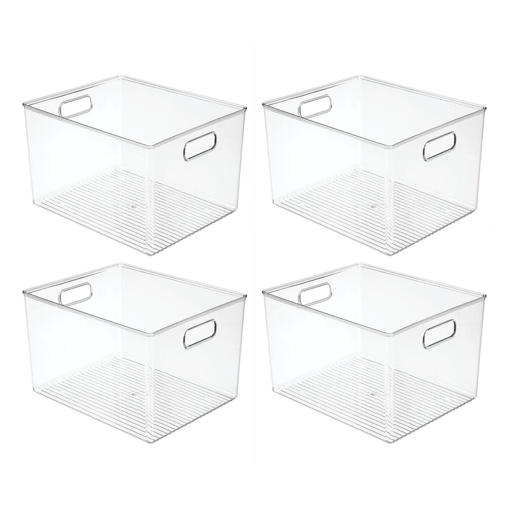 mDesign Plastic Storage Organizer Container Bin, Closet Organization for Hallway, Bedroom, Linen, Coat, and Entryway - Holds Clothing, Blankets, and Accessories, Ligne Collection, 4 Pack, Clear