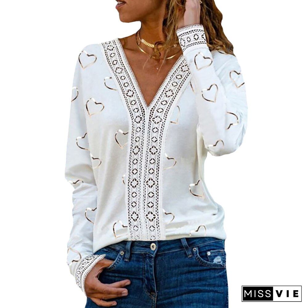 Fashion Lace Stitching Office Lady Elegant Blouses Tops Heart-Shaped Print White Long Sleeve Sexy V Neck Loose Female Pullover