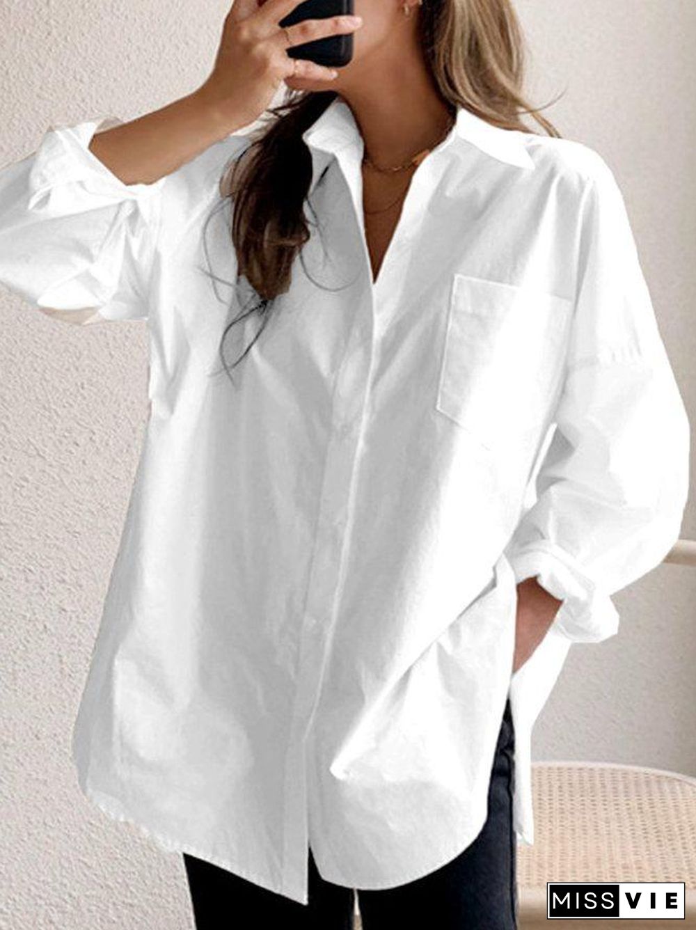 White Plain Collared Long Sleeve Shirt