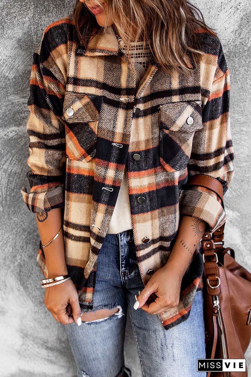 Geometric Plaid Print Pocketed Shirt