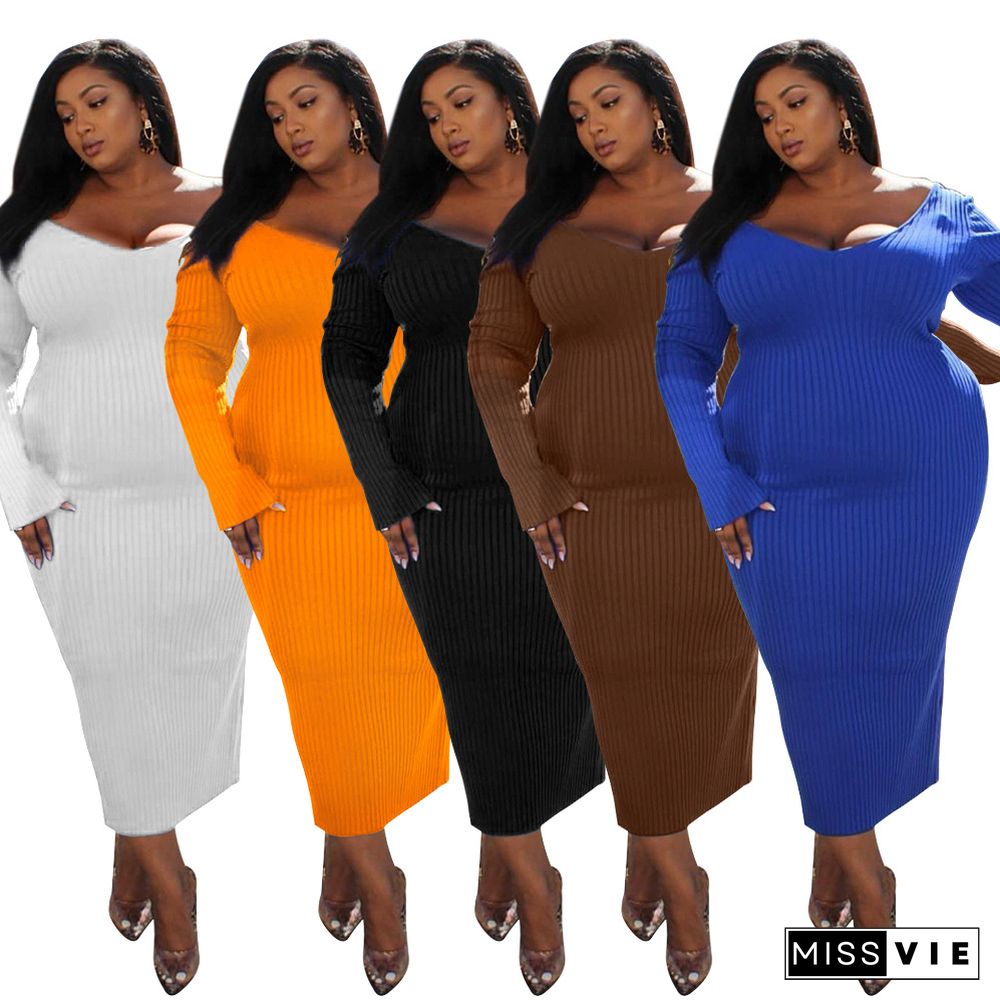 V Neck Knitted Long Sleeve Plus Size Dress