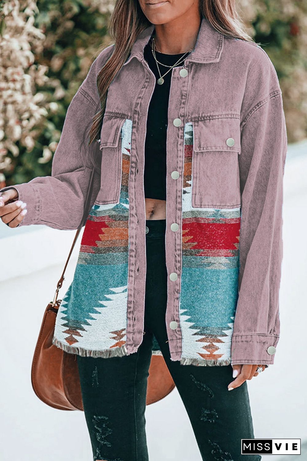 Distressed Aztec Denim Jacket Coat