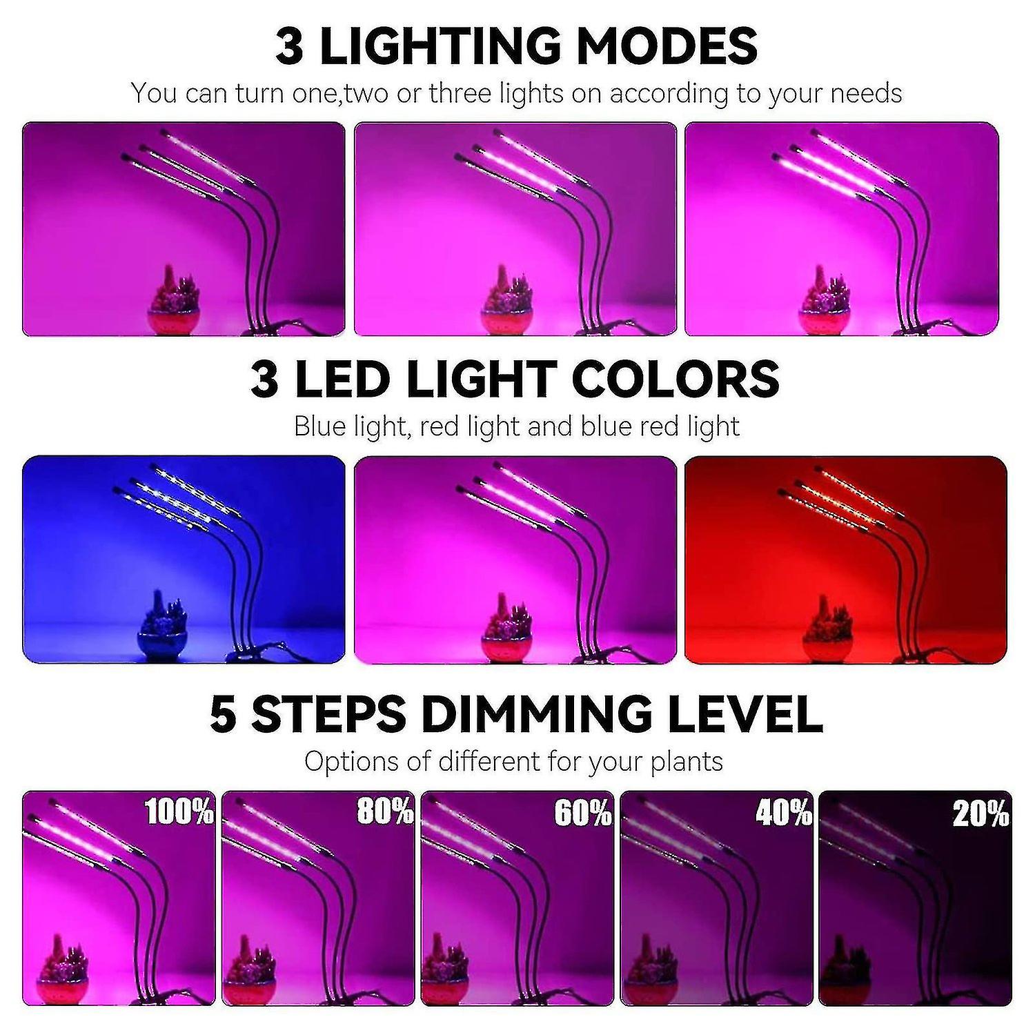 30w Led Grow Light，plant Lamp With 3 Adjustable Gooseneck Heads Full Spectrum Growing Bulb