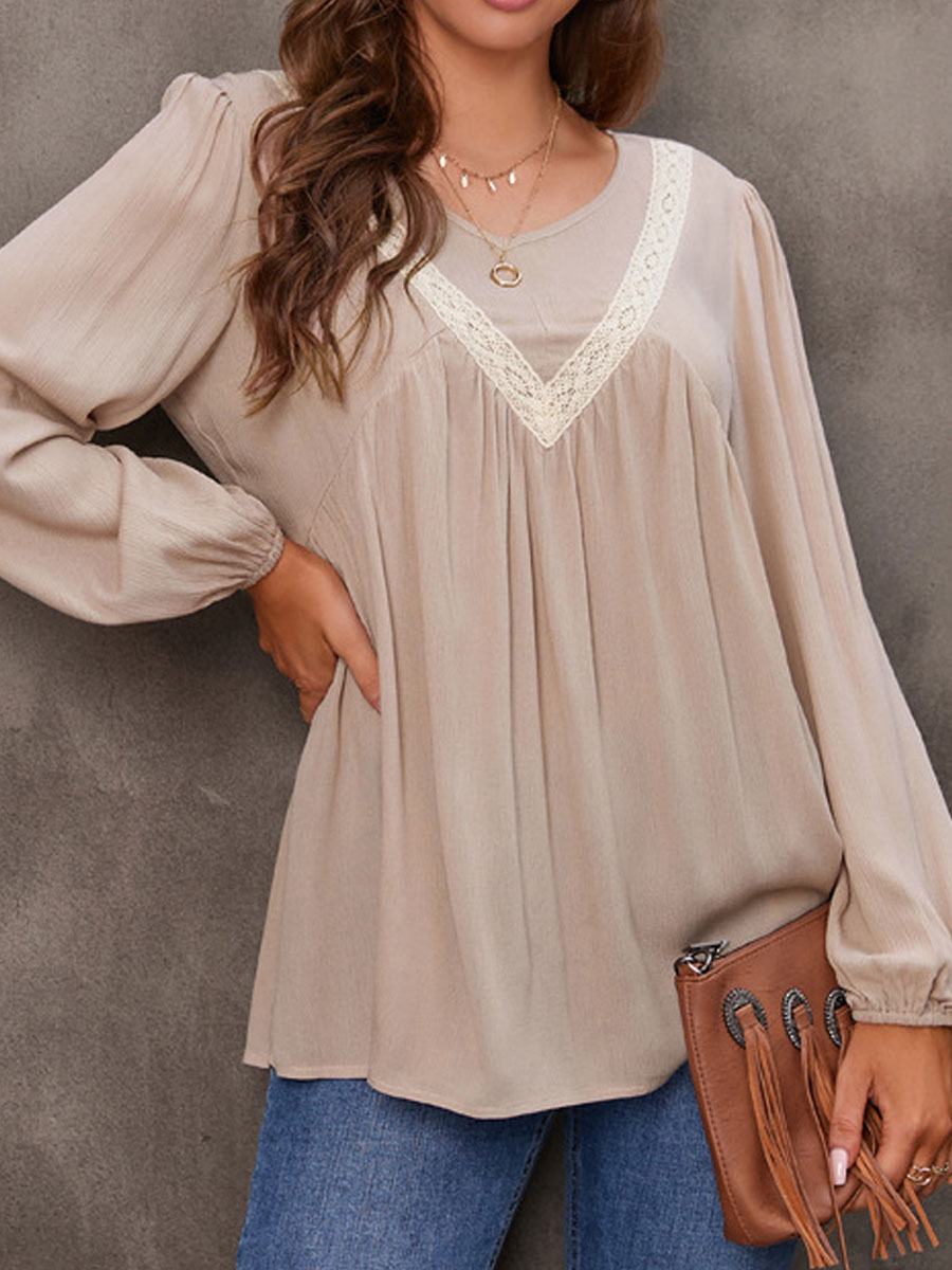 V-neck Casual Loose Lace Panel Long Sleeve Blouse