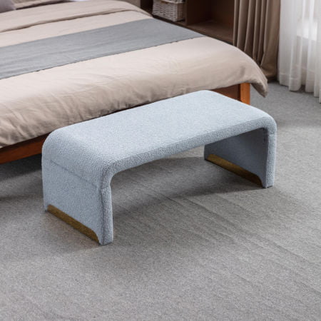 New Boucle Fabric Loveseat Ottoman Footstool Bedroom Bench Shoe Bench With Gold Metal Legs; Light Blue