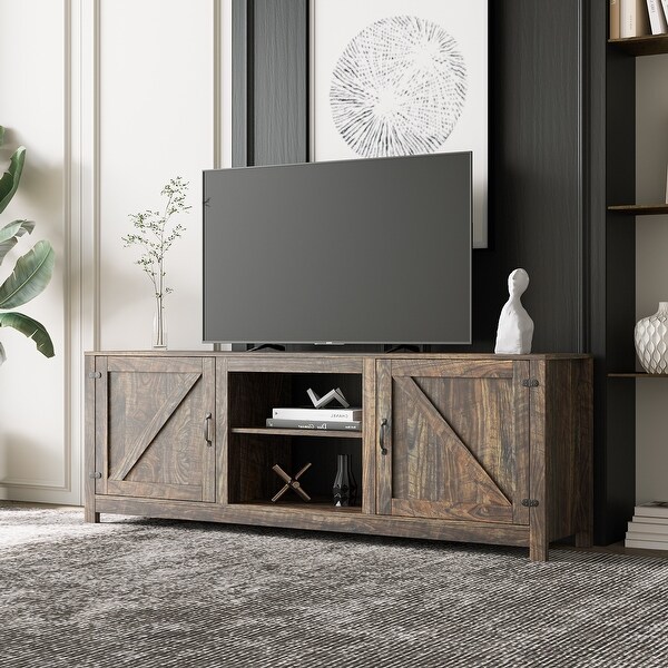 Farmhouse TV Stand， Wood Entertainment Center Media Console with Storage