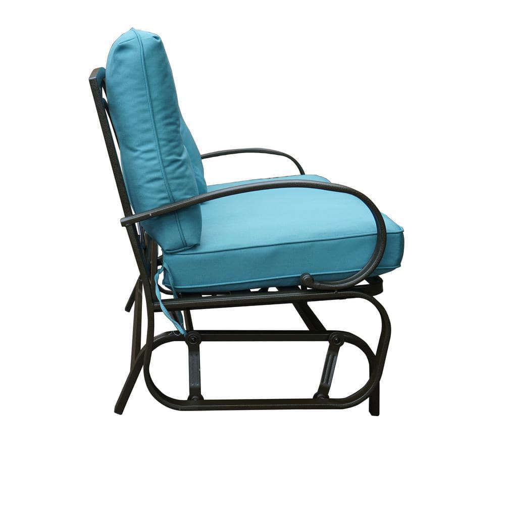 KOZYARD Wrought Iron Metal Rocking Love Seats Glider Swing BenchRocker for Patio Yard with Blue Cushion and Sturdy