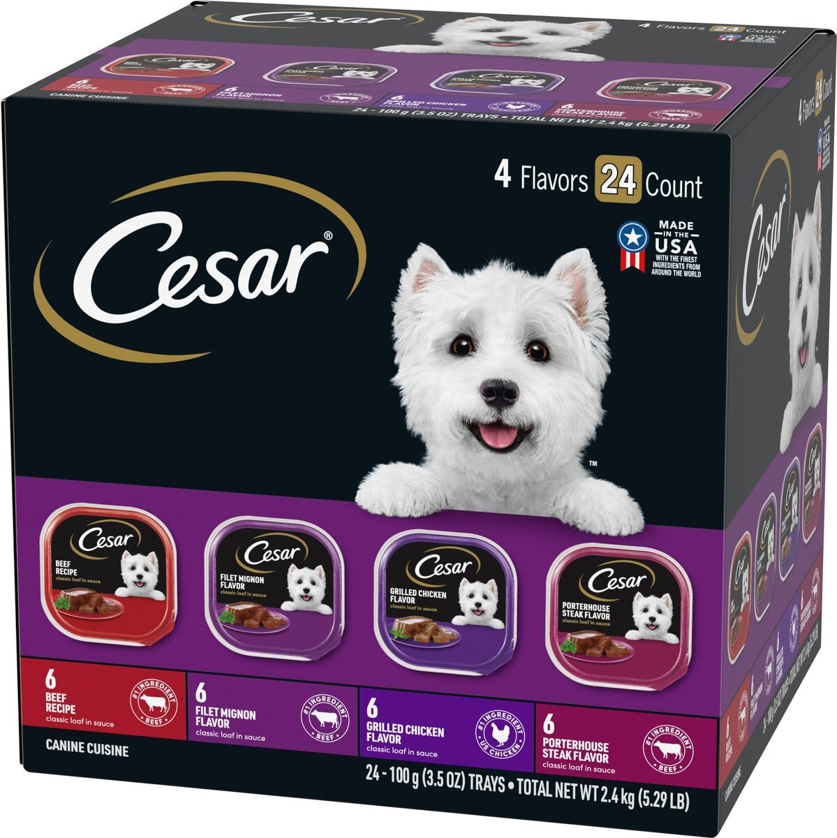 Cesar Classic Loaf in Sauce Beef Recipe， Filet Mignon， Grilled Chicken， and Porterhouse Steak Flavors Variety Pack Dog Food Trays