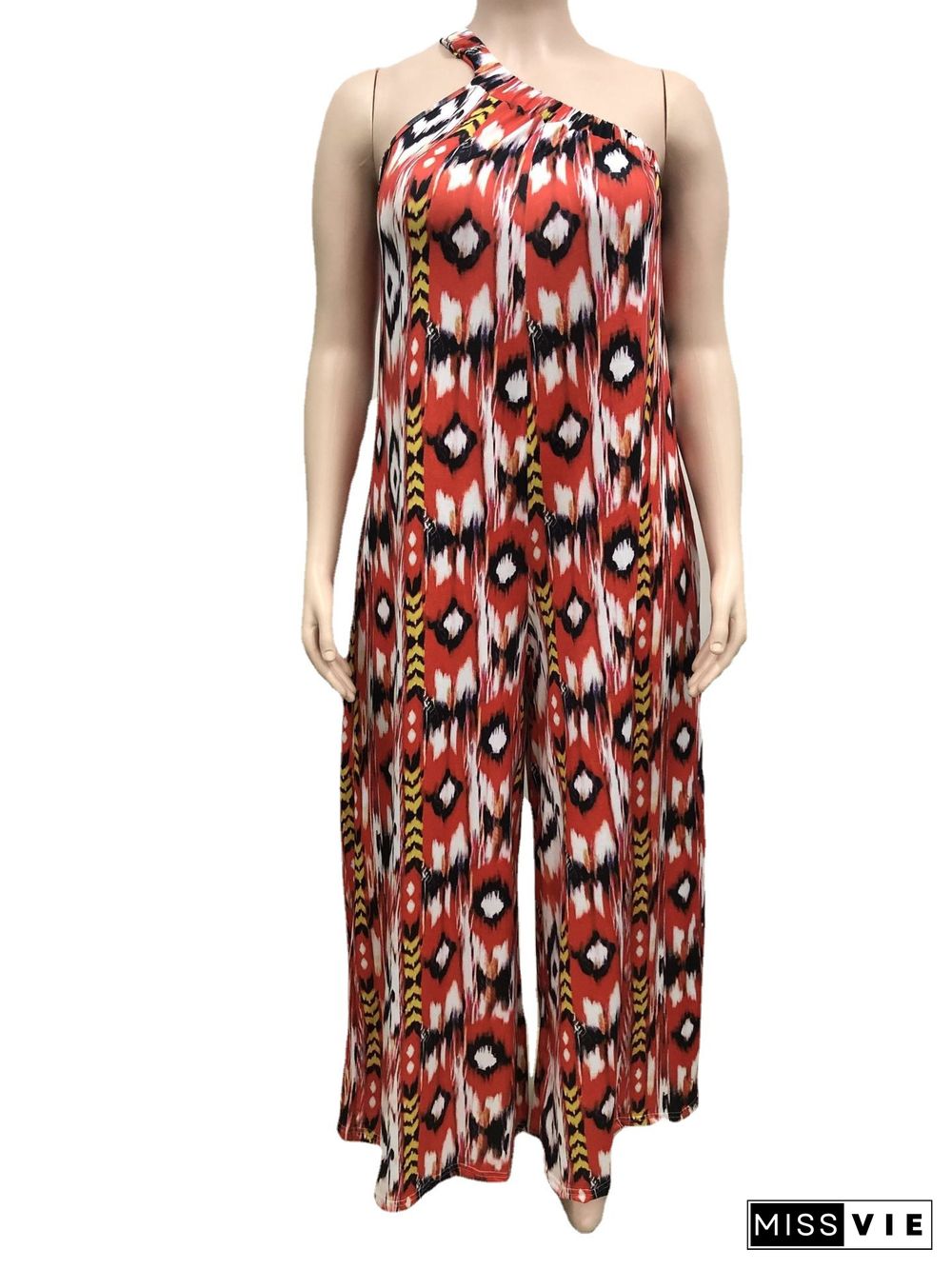 Women Fashion Print Skew Shoulder Sleeveless High Waist Loose Casual Plus Size Wide Leg Jumpsuit