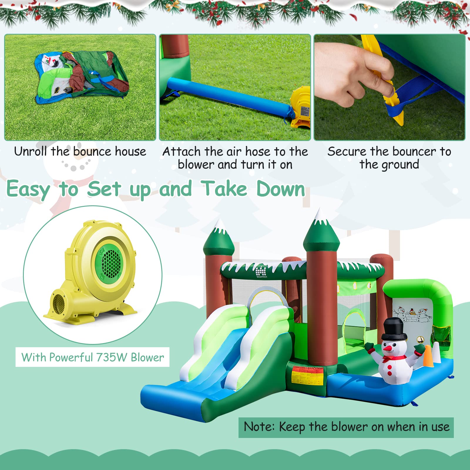 Inflatable Bounce House, Christmas Bouncy House for Toddler Kids/735w Blower