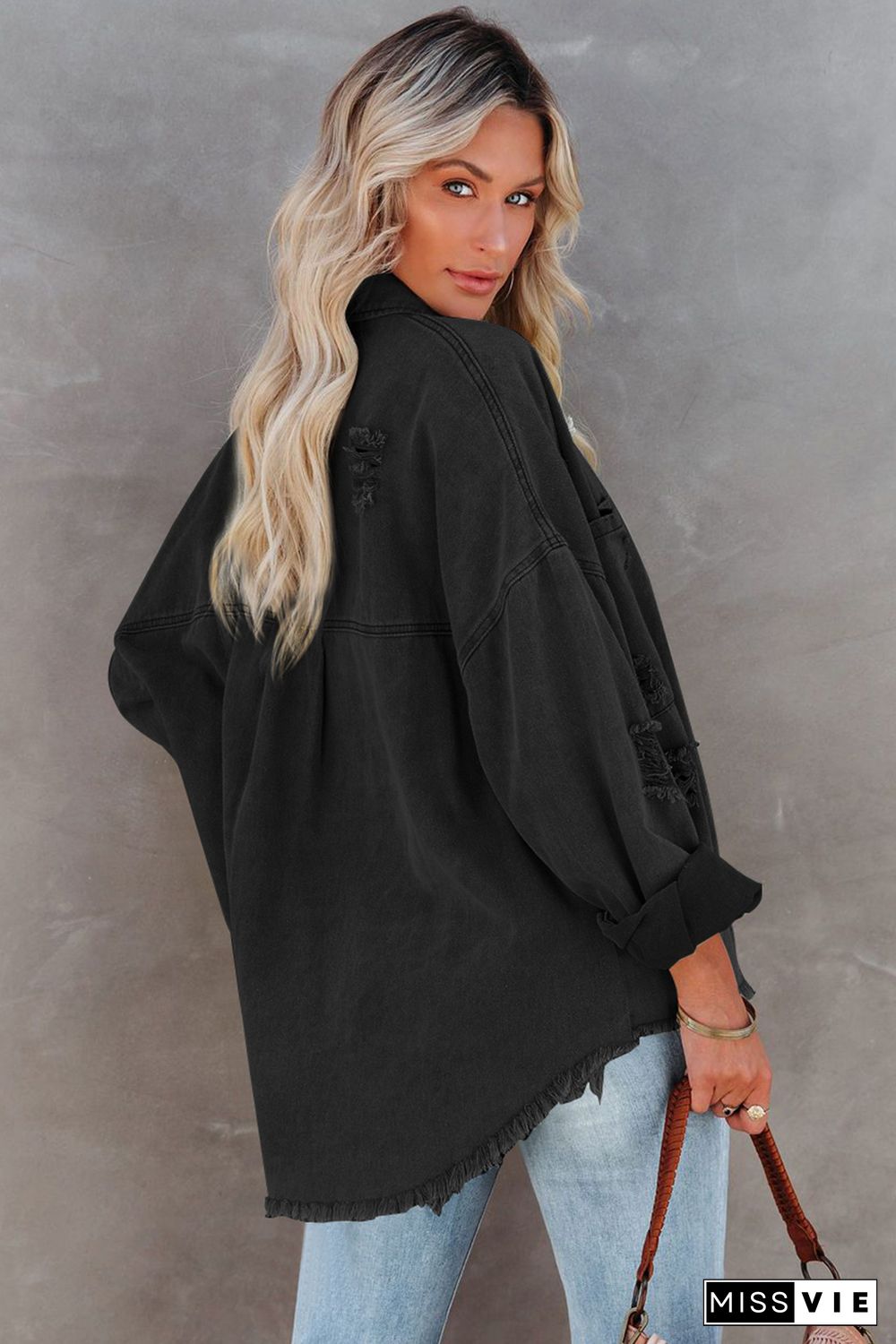 Black Distressed Fringe Trim Denim Jacket