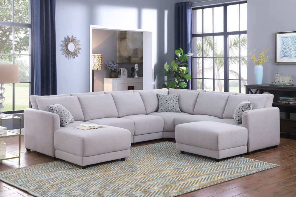 Penelope Light Gray Linen Reversible 8 Piece Sectional With Ottomans and Pillows   Transitional   Sectional Sofas   by Kolibri Decor  Houzz