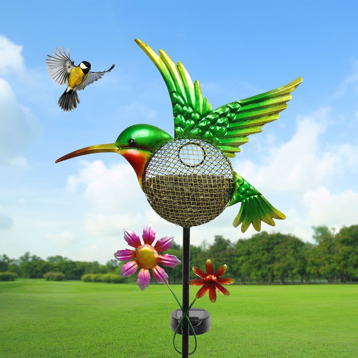 Exhart Solar Hand Painted Hummingbird Metal Mesh Pellet Bird Feeder Garden Stake