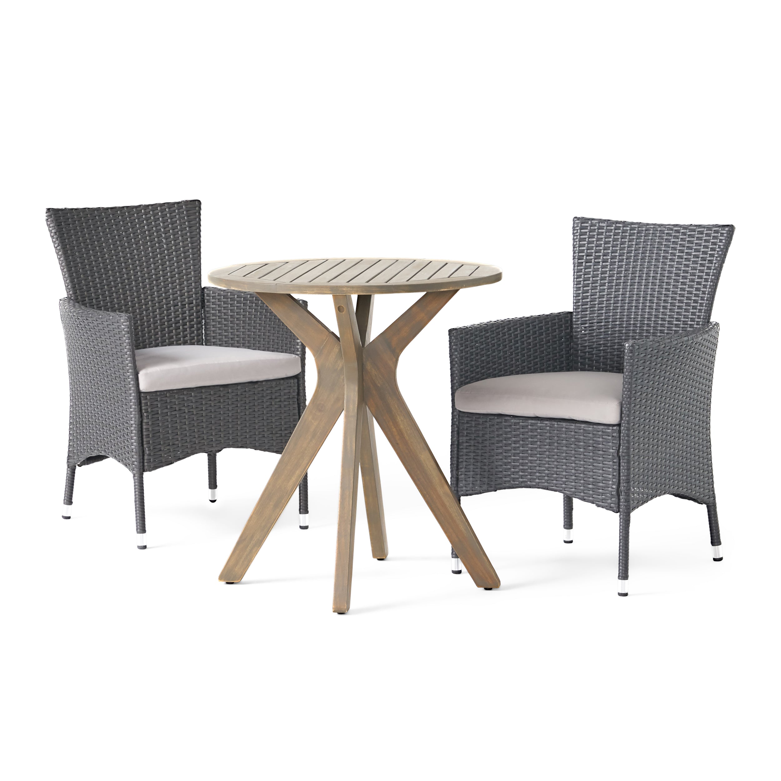 Poe Outdoor 3 Piece Acacia Wood and Wicker Bistro Set