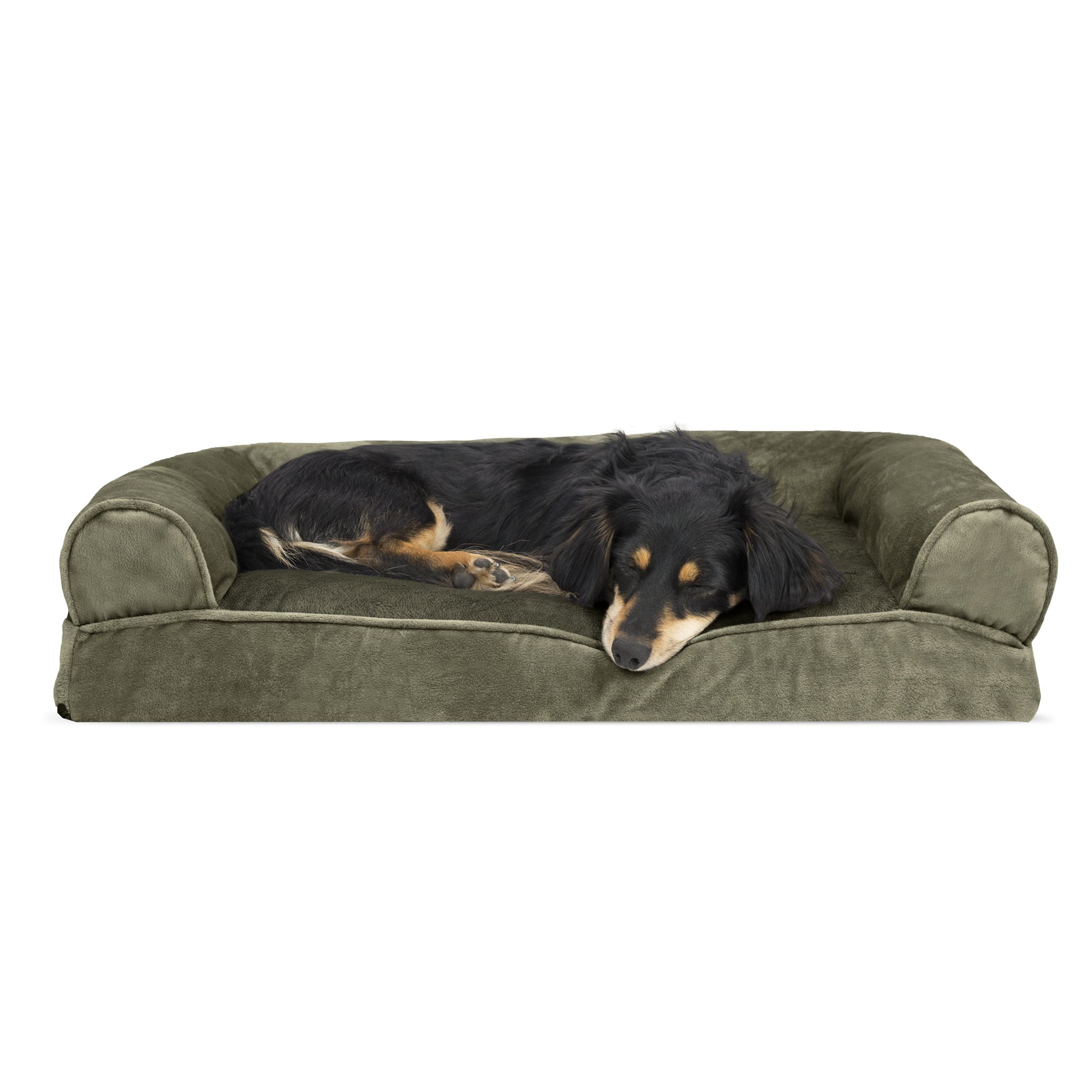 FurHaven | Faux Fur & Velvet Pillow Sofa Pet Bed for Dogs & Cats, Dark Sage, Medium