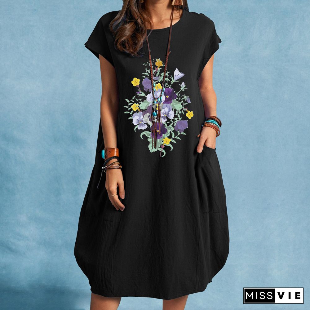 Flower Print Plus Size Cotton and Linen Pocket Dress Black Dresses